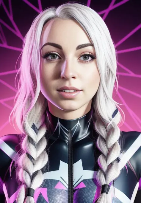 portrait of gibiasmr in a spider gwen skin-tight suit, supersuit, (full body portrait), wearing a choker, hyper realistic, highly detailed, high resolution textures, cute face, dramatic lighting, detailed eyes