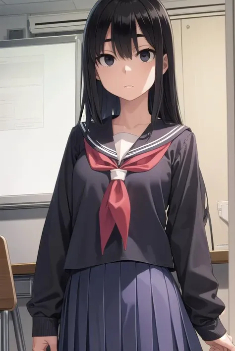 sakiyoshida, <lyco:sakiyoshida-lyco-nochekaiser:1>,
saki yoshida, long hair, hair between eyes, (black eyes:1.5), black hair,
BREAK skirt, pleated skirt, serafuku, shirt, blue shirt, long sleeves, long skirt, blue skirt, blue sailor collar, sailor collar, neckerchief, red neckerchief,
BREAK indoors, classroom,
BREAK looking at viewer, (cowboy shot:1.5),
BREAK <lyco:GoodHands-beta2:1>, (masterpiece:1.2), best quality, high resolution, unity 8k wallpaper, (illustration:0.8), (beautiful detailed eyes:1.6), extremely detailed face, perfect lighting, extremely detailed CG, (perfect hands, perfect anatomy),