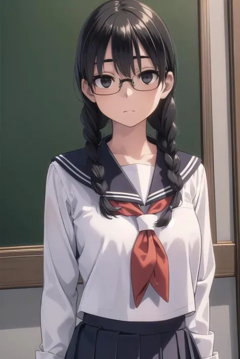 sakiyoshida, <lyco:sakiyoshida-lyco-nochekaiser:1>,
saki yoshida, long hair, braid, twin braids, glasses, hair between eyes, (black eyes:1.5), black hair,
BREAK skirt, pleated skirt, serafuku, shirt, blue shirt, long sleeves, long skirt, blue skirt, blue sailor collar, sailor collar, neckerchief, red neckerchief,
BREAK indoors, classroom,
BREAK looking at viewer, (cowboy shot:1.5),
BREAK <lyco:GoodHands-beta2:1>, (masterpiece:1.2), best quality, high resolution, unity 8k wallpaper, (illustration:0.8), (beautiful detailed eyes:1.6), extremely detailed face, perfect lighting, extremely detailed CG, (perfect hands, perfect anatomy),