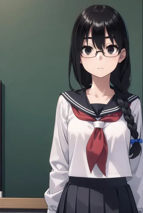 sakiyoshida, <lyco:sakiyoshida-lyco-nochekaiser:1>,
saki yoshida, long hair, braid, twin braids, glasses, hair between eyes, (black eyes:1.5), black hair,
BREAK skirt, pleated skirt, serafuku, shirt, blue shirt, long sleeves, long skirt, blue skirt, blue sailor collar, sailor collar, neckerchief, red neckerchief,
BREAK indoors, classroom,
BREAK looking at viewer, (cowboy shot:1.5),
BREAK <lyco:GoodHands-beta2:1>, (masterpiece:1.2), best quality, high resolution, unity 8k wallpaper, (illustration:0.8), (beautiful detailed eyes:1.6), extremely detailed face, perfect lighting, extremely detailed CG, (perfect hands, perfect anatomy),