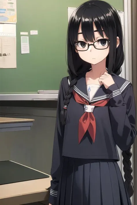 sakiyoshida, <lyco:sakiyoshida-lyco-nochekaiser:1>,
saki yoshida, long hair, braid, twin braids, glasses, hair between eyes, (black eyes:1.5), black hair,
BREAK skirt, pleated skirt, serafuku, shirt, blue shirt, long sleeves, long skirt, blue skirt, blue sailor collar, sailor collar, neckerchief, red neckerchief,
BREAK indoors, classroom,
BREAK looking at viewer, (cowboy shot:1.5),
BREAK <lyco:GoodHands-beta2:1>, (masterpiece:1.2), best quality, high resolution, unity 8k wallpaper, (illustration:0.8), (beautiful detailed eyes:1.6), extremely detailed face, perfect lighting, extremely detailed CG, (perfect hands, perfect anatomy),