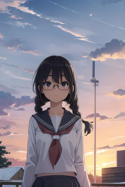sakiyoshida, <lyco:sakiyoshida-lyco-nochekaiser:1>,
saki yoshida, long hair, braid, (twin braids:1.5), (glasses:1.2), hair between eyes, (black eyes:1.5), black hair, (hair over shoulder:1.5),
BREAK skirt, pleated skirt, serafuku, shirt, blue shirt, long sleeves, long skirt, blue skirt, blue sailor collar, sailor collar, neckerchief, red neckerchief,
BREAK outdoors, school, people, sky,
BREAK looking up, (cowboy shot:1.5),
BREAK <lyco:GoodHands-beta2:1>, (masterpiece:1.2), best quality, high resolution, unity 8k wallpaper, (illustration:0.8), (beautiful detailed eyes:1.6), extremely detailed face, perfect lighting, extremely detailed CG, (perfect hands, perfect anatomy),