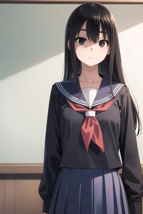 sakiyoshida, <lyco:sakiyoshida-lyco-nochekaiser:1>,
saki yoshida, long hair, hair between eyes, (black eyes:1.5), black hair,
BREAK skirt, pleated skirt, serafuku, shirt, blue shirt, long sleeves, long skirt, blue skirt, blue sailor collar, sailor collar, neckerchief, red neckerchief,
BREAK indoors, classroom,
BREAK looking at viewer, (cowboy shot:1.5),
BREAK <lyco:GoodHands-beta2:1>, (masterpiece:1.2), best quality, high resolution, unity 8k wallpaper, (illustration:0.8), (beautiful detailed eyes:1.6), extremely detailed face, perfect lighting, extremely detailed CG, (perfect hands, perfect anatomy),