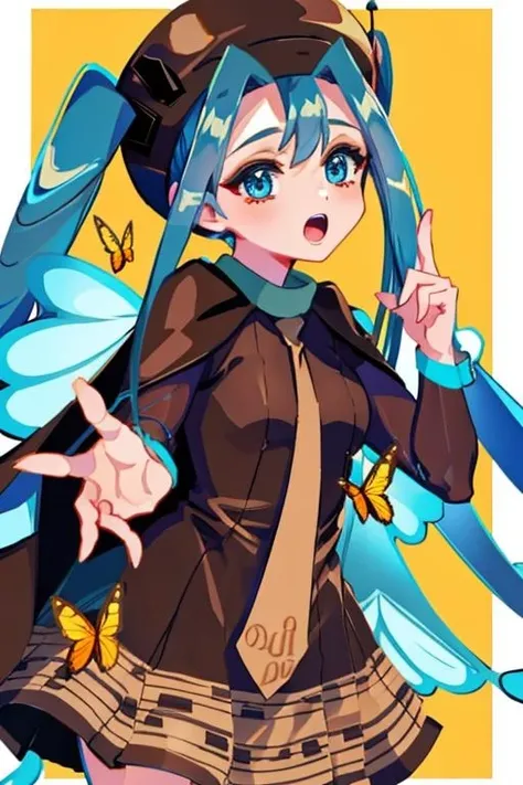 (masterpiece, best quality, highres, ultra detailed:1.2), (solo, 1girl, cowboy shot), mushimiku, twintails, blue hair, hat, brown dress, insect wings, BREAK, small mouth, (dynamic pose, singing), (insects, bugs, butterflies)