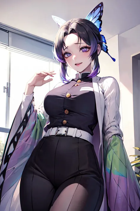 masterpiece, best quality,(detailed), <lora:kochou_shinobu_v1.2:0.9>,
1girl, solo, kochou shinobu, butterfly hair ornament, purple eyes, multicolored hair, short hair, parted bangs,
haori, wide sleeves, long sleeves, black pants, black jacket, belt,
sexy, smile, from below, <lora:masturbation_female:1>,
fingering, schlick, masturbation