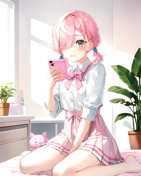 mksks style, 1girl, kawaii theme, pink and teal theme, gothic fashion, , short hair, hair over one eye, pleated skirt, white frily dress shirt, short twintails, pink hair, badge, depth of field, window, sitting on bed, wariza, warm lighting, mobile phone, girl's room, plushie, pillow, patterned bedsheet, mirror, plant, desk, (masterpiece, best quality, high quality), <lora:Quasarcake768-000008:0.8>, <lora:epi_noiseoffset2:1.5>