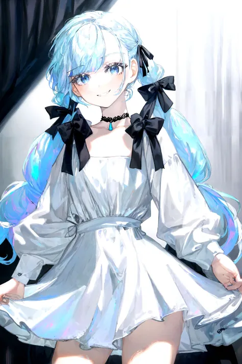 mksks style, 1girl, iridescent theme, twintails, black ribbon, opal eyes, miniskirt, gothic fashion, white dress shirt, open collar, swept bangs, smirk, looking at viewer, black choker, (masterpiece, best quality, high quality), <lora:Quasarcake768-000008:0.8>, <lora:epi_noiseoffset2:1.5>