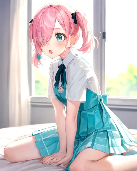 mksks style, 1girl, kawaii theme, pink and teal theme, gothic fashion, :o, surprised, short hair, hair over one eye, pleated skirt, white frily dress shirt, short twintails, pink hair, badge, depth of field, window, sitting on bed, wariza, warm lighting, (masterpiece, best quality, high quality), <lora:Quasarcake768-000008:0.8>, <lora:epi_noiseoffset2:1.5>