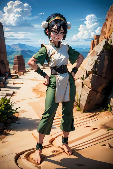 toph bei fong, short black hair, white eyes, headband,hair ornament, blind, green chinese clothes, tunic, bracers, pants, barefoot, smiling, full body shot, standing, hands on hips, outside, canyon, dirt, blue sky, high quality, masterpiece,
<lora:Toph:.7>