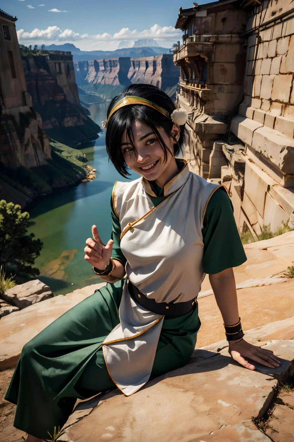 toph bei fong, short black hair, headband,hair ornament, blind, green chinese clothes, tunic, bracers, smiling, sitting, on rock, outside, field, canyon, dirt, sunny, high quality, masterpiece,
<lora:Toph:.7>