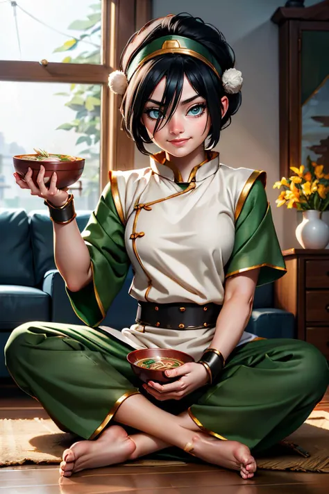 toph bei fong, short black hair, white eyes, headband,hair ornament, blind, green chinese clothes, tunic, bracers, pants, barefoot, serious, smirk, sitting, on floor, holding bowl of soup, ramen, inside living room, soft lighting, high quality, masterpiece, 
 