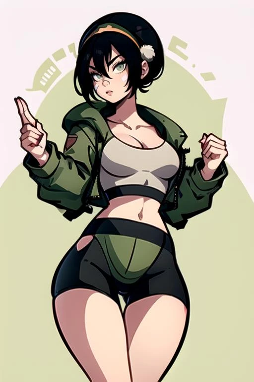 <lora:Toph:1> toph, 1girl, solo, breasts, looking at viewer, short hair, bangs, simple background, black hair, white background, navel, cleavage, hair between eyes, medium breasts, jacket, hairband, open clothes, shorts, midriff, hair bun, open jacket, sketch, crop top, hand on hip, grey eyes, short shorts, black shorts, thigh gap, bandaid, green jacket, bandaid on face, green hairband, blind