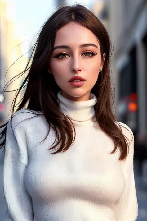 photo of elsieh:0.99, a woman, ((pale skin)), ((closeup, portrait):1.1), ((turtleneck sweater):1.2), ((outdoors, city street):1.2),((detailed face, beautiful face, detailed eyes, beautiful eyes):1.3), ((lipstick, eyeliner, eye shadow):1.2),((best quality, masterpiece, extreme details):1.2) ((detailed eyes, detailed face):1.2),