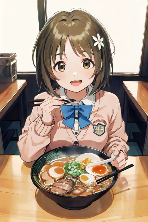 mimura kanako, (best quality, masterpiece, RAW photo,ultra-detailed:1.2), <lyco:GoodHands-beta2:1.0>,1girl,solo,looking at viewer,smile, open mouth,
<lyco:idolmaster_cg_mimura-11:0.8> hair flower, school uniform, cardigan,<lyco:ramen_v1.4:1.0> ramen, chopsticks.eating, table, sitting, front view, from above,