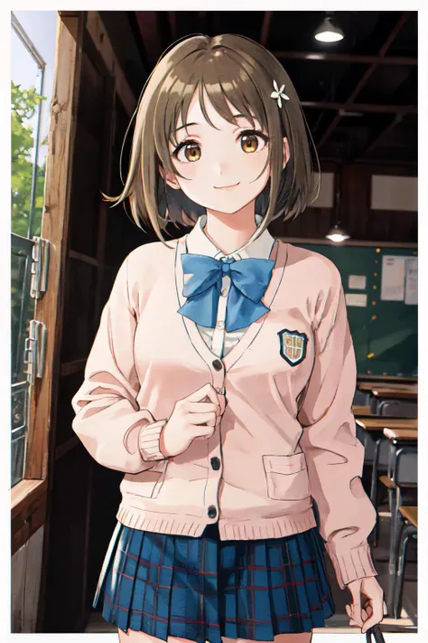 mimura kanako, (best quality, masterpiece, RAW photo,ultra-detailed:1.2), <lyco:GoodHands-beta2:1.0>,1girl,solo,looking at viewer,smile
<lyco:idolmaster_cg_mimura-11:0.8> hair flower, school uniform, cardigan,plaid skirt,blue skirt