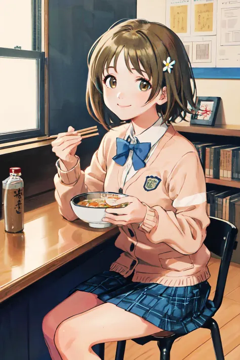 mimura kanako, (best quality, masterpiece, RAW photo,ultra-detailed:1.2), <lyco:GoodHands-beta2:1.0>,1girl,solo,looking at viewer,smile
<lyco:idolmaster_cg_mimura-11:0.8> hair flower, school uniform, cardigan,plaid skirt,blue skirt <lyco:ramen_v1.4:1.0>ramen, chopsticks.eating,