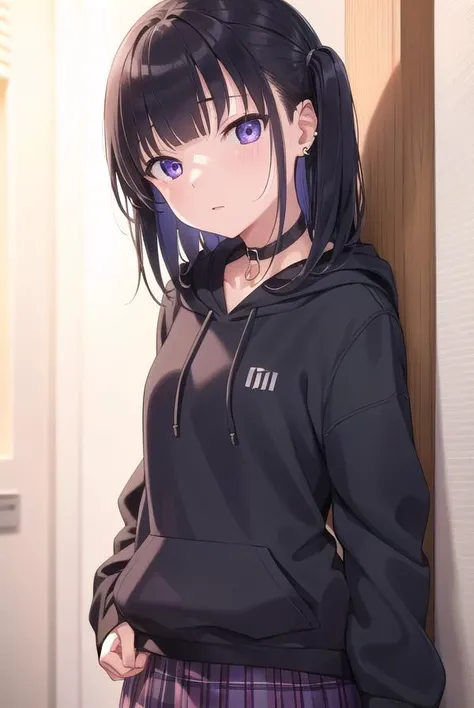 noakashihara, <lora:noakashihara-lora-nochekaiser:1>,
noa kashihara, bangs, black hair, twintails, medium hair, piercing, ear piercing, (purple eyes:1.1), earrings,
BREAK skirt, long sleeves, choker, hood, collar, sleeves past wrists, hoodie, plaid skirt,
BREAK indoors,
BREAK looking at viewer, (cowboy shot:1.5),
BREAK <lyco:GoodHands-beta2:1>, (masterpiece:1.2), best quality, high resolution, unity 8k wallpaper, (illustration:0.8), (beautiful detailed eyes:1.6), extremely detailed face, perfect lighting, extremely detailed CG, (perfect hands, perfect anatomy),