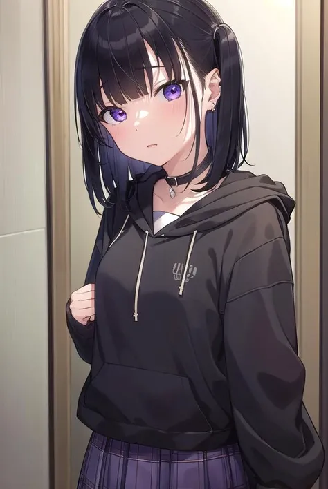 noakashihara, <lora:noakashihara-lora-nochekaiser:1>,
noa kashihara, bangs, black hair, twintails, medium hair, piercing, ear piercing, (purple eyes:1.1), earrings,
BREAK skirt, long sleeves, choker, hood, collar, sleeves past wrists, hoodie, plaid skirt,
BREAK indoors,
BREAK looking at viewer, (cowboy shot:1.5),
BREAK <lyco:GoodHands-beta2:1>, (masterpiece:1.2), best quality, high resolution, unity 8k wallpaper, (illustration:0.8), (beautiful detailed eyes:1.6), extremely detailed face, perfect lighting, extremely detailed CG, (perfect hands, perfect anatomy),