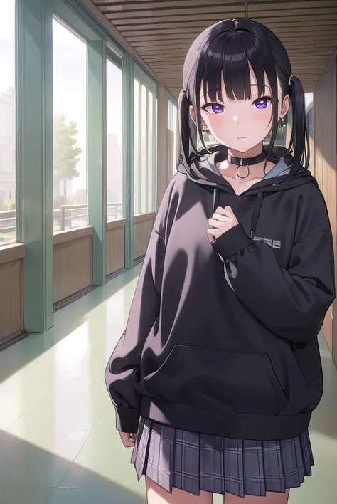 noakashihara, <lora:noakashihara-lora-nochekaiser:1>,
noa kashihara, bangs, black hair, twintails, medium hair, piercing, ear piercing, (purple eyes:1.1), earrings,
BREAK skirt, long sleeves, choker, hood, collar, sleeves past wrists, hoodie, plaid skirt,
BREAK indoors,
BREAK looking at viewer, (cowboy shot:1.5),
BREAK <lyco:GoodHands-beta2:1>, (masterpiece:1.2), best quality, high resolution, unity 8k wallpaper, (illustration:0.8), (beautiful detailed eyes:1.6), extremely detailed face, perfect lighting, extremely detailed CG, (perfect hands, perfect anatomy),