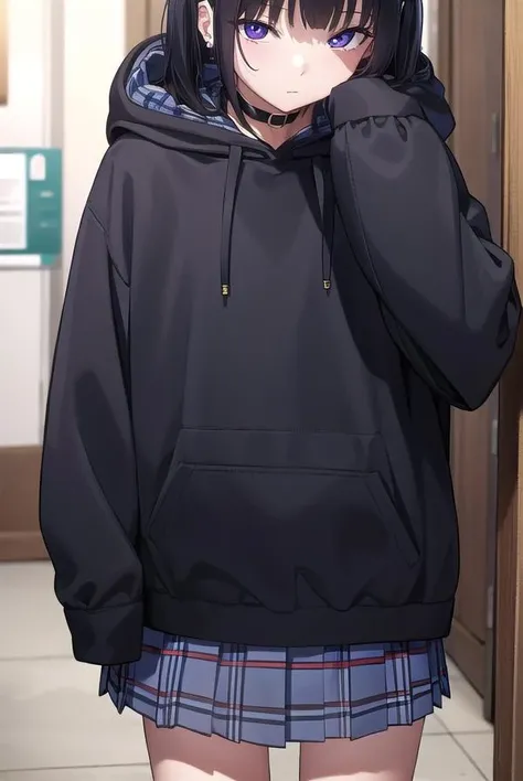 noakashihara, <lora:noakashihara-lora-nochekaiser:1>,
noa kashihara, bangs, black hair, twintails, medium hair, piercing, ear piercing, (purple eyes:1.1), earrings,
BREAK skirt, long sleeves, choker, hood, collar, sleeves past wrists, hoodie, plaid skirt,
BREAK indoors,
BREAK looking at viewer, (cowboy shot:1.5),
BREAK <lyco:GoodHands-beta2:1>, (masterpiece:1.2), best quality, high resolution, unity 8k wallpaper, (illustration:0.8), (beautiful detailed eyes:1.6), extremely detailed face, perfect lighting, extremely detailed CG, (perfect hands, perfect anatomy),
