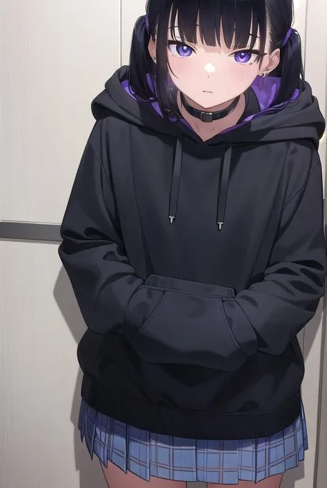 noakashihara, <lora:noakashihara-lora-nochekaiser:1>,
noa kashihara, bangs, black hair, twintails, medium hair, piercing, ear piercing, (purple eyes:1.1), earrings,
BREAK skirt, long sleeves, choker, hood, collar, sleeves past wrists, hoodie, plaid skirt,
BREAK indoors,
BREAK looking at viewer, (cowboy shot:1.5),
BREAK <lyco:GoodHands-beta2:1>, (masterpiece:1.2), best quality, high resolution, unity 8k wallpaper, (illustration:0.8), (beautiful detailed eyes:1.6), extremely detailed face, perfect lighting, extremely detailed CG, (perfect hands, perfect anatomy),
