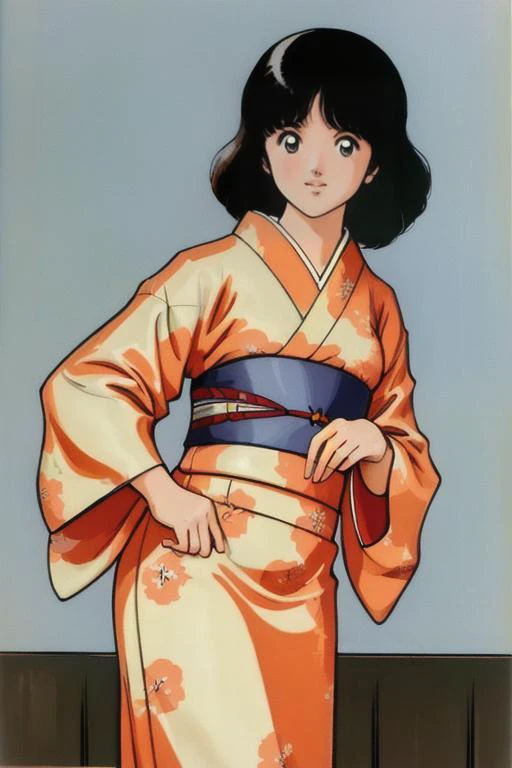 masterpiece,best quality,highres,1980s _(style_),1girl,solo,smile,animated,futoshi slim, <lora:Asakura Minami:0.7>, <lora:kimono_v10:1>,, kimono