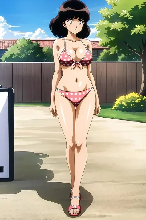 ((masterpiece)),((best quality)),ultra-detailed,illustratio,Explicit,Beautiful body,Beautiful Nose,Beautiful character design,perfect eyes,perfect face,wallpaper,ultra highres,4K,photography,(Beautiful,normal breasts:1.2),(beautiful face:1.2),beautiful legs,perfect legs,shiny skin,official style,official art,nsfw,sanime screencap,anime coloring,
1girl,solo,black hair,black eyes,swimsuit,bikini,solo,pink bikini,polka dot,retro artstyle,polka dot bikini,day,navel,1980s (style),outdoors,breasts,sky,beach,(full body:1.5),<lora:Asakura Minami:0.7>