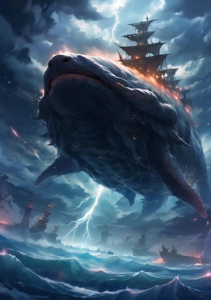 A whale is floating in the ocean with a ship in the background - SeaArt AI