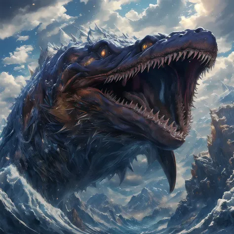((masterpiece,)),(( best quality,)),extremely detailed cg 8k wallpaper,bright colors,Dramatic light,Thick acrylic illustration on pixiv,illustration,over,cover_page,ultra-detailed,(masterpiece:1.4),best quality,ultra high res,english_text,virtual_youtuber,detailed background,bokehchiaroscuro,wlop,Double exposure,line,badge,pattern,ultra realistic 8k cg,clean,masterpiece,professional artwork,famous artwork,cinematic lighting,cinematic bloom,Advanced sense,(kun:1.1),cloud,(Open your mouth:1.3),(Sharp teeth:1.4),<lora:kun:0.6>