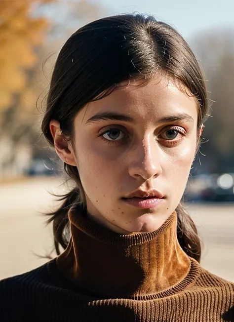 A stunning intricate color close up portrait of (sks woman:1) , wearing Turtleneck sweater and corduroy pants, epic character composition, sharp focus, natural lighting, subsurface scattering, f2, 35mm, film grain, , by Tim Walker, <lora:lora-small-anya-chalotra-v1:1>