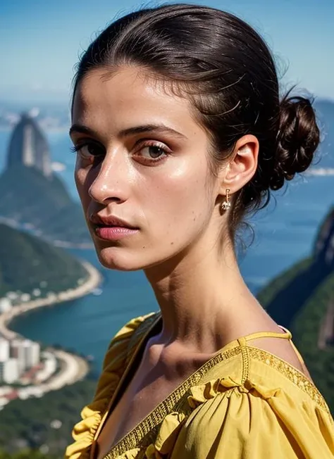 portrait of sks woman in Rio de Janeiro, at the Sugarloaf Mountain, by Flora Borsi, style by Flora Borsi, bold, bright colours, ((Flora Borsi)), by Gregory Crewdson, <lora:lora-small-anya-chalotra-v1:1>