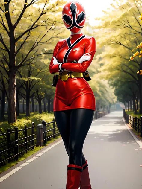 (extremely detailed CG), (best quality), 1girl, perfect face, shiny skin, lustrous skin, wide hips,narrow waist, 1girl,solo <lora:ShinkenRed-10:0.7> Shinkenred, Red bodysuit,pantyhose,red footwear,white gloves,bodysuit,boots mask,helmet,belt, gloves,cherry blossoms ,forest, looking at viewer, crossed arms,