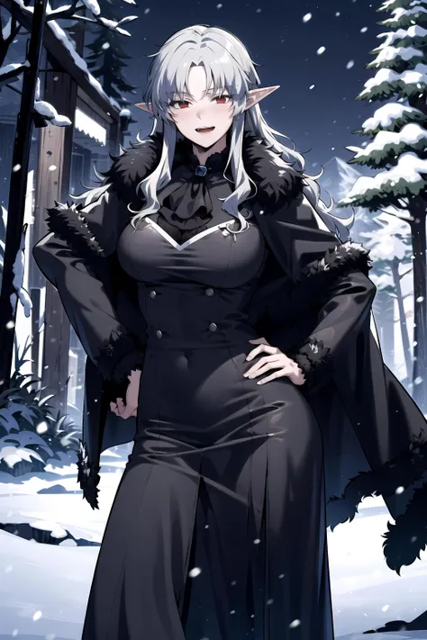best quality, (masterpiece:1.2), detailed,
<lora:chara_SoloMaxLevelNewbie_Ophelia_v2:0.8>, ophelia,
open mouth, light smile, blush,
white hair, long hair, red eyes, pointy ears,
ascot, black coat, black dress, fur, (open clothes:1.2), belt,
standing, hand on own hip, looking at the viewer,
snowing, forest, mountains, night, <lora:night-r:0.3>