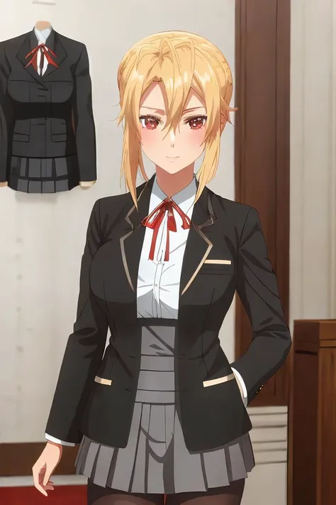 masterpiece, best quality, 1girl, Angelica, blonde hair,single hair bun,red eyes,medium hair,school uniform,black jacket,dress shirt,red neck ribbon,grey pleated skirt,miniskirt,black pantyhose, <lora:Angelica:0,6>