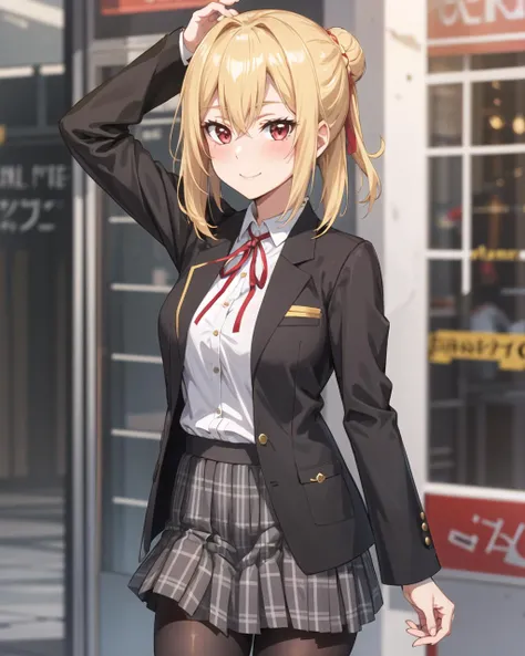 masterpiece, best quality, 1 girl, <lora:Angelica:0.4>, Angelica, blonde hair, single hair bun, red eyes, medium hair, school uniform, black jacket, dress shirt, red neck ribbon, grey pleated skirt, miniskirt, black pantyhose, blush, light smile, medium breasts