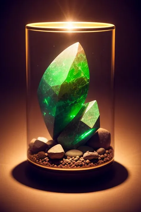 an concept art of alchemic element - Green Tourmaline (Verdelite): A gemstone with various shades of green, ranging from pale to deep green. In this enchanting scene, the camera floats gracefully just inches away from the subject, immersing us in a world of intricate details and captivating magic. The soft glow of a mystical light source casts a mesmerizing aura, gently caressing every curve and edge, illuminating the scene with an ethereal radiance., on table, rim lights, digital art, focus on subject, duch angle, clsoe shot, closeup, focus on material and structure, masterpiece, ultrasharp, intricated details