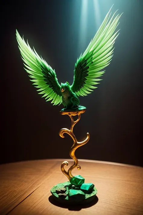 an concept art of alchemic element - Seraphinite: A green gemstone with feathery patterns, resembling the wings of an angel. As the magical light cascades over the scene, it accentuates the scene's enchantment, instilling a sense of awe and delight. Every detail sparkles with a touch of the extraordinary, while the background fades into an alluring blur, focusing our gaze solely on the captivating subject., on table, rim lights, digital art, focus on subject, duch angle, clsoe shot, closeup, focus on material and structure, masterpiece, ultrasharp, intricated details