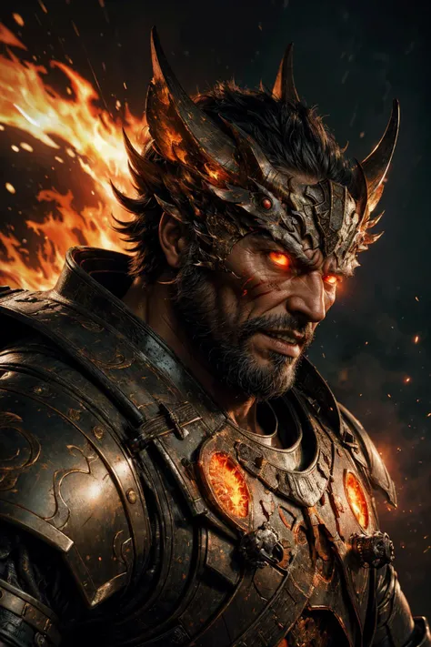 Armadura, potrait berserker, Barbarian man, arte de fantasia, of his gaze alone enemies beginning to panic, one head, devilish smile, besta do inferno, demonio, White Fire Sky, guerreiro, com foice e escudo, lindo, homens, Werelion, long red braided hair, olhos dourados brilhantes, realistas, altamente detalhados, Unreal Engine, 8k-upscale