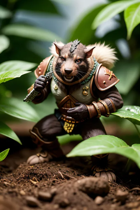 an awarded photography of Queek Headtaker - A skaven warlord with mottled fur, beady red eyes, and adorned with trophies of his defeated foes., at Evapotranspiration: The process by which water evaporates from the soil and transpires from plants. , masterpiece, ultrasharp, depth of field and boekh, best quality,