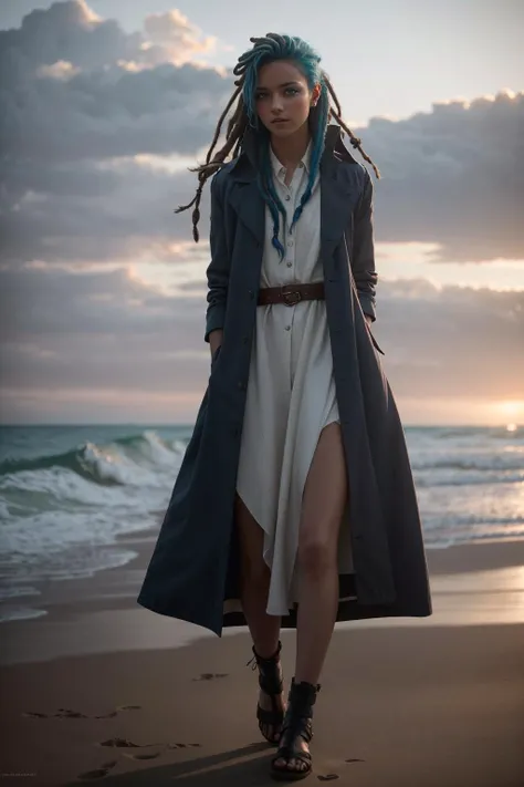 A woman with blue hair and dreadlocks standing on a beach, cgsociety, antipodeans movie still, reimagined by industrial light and magic