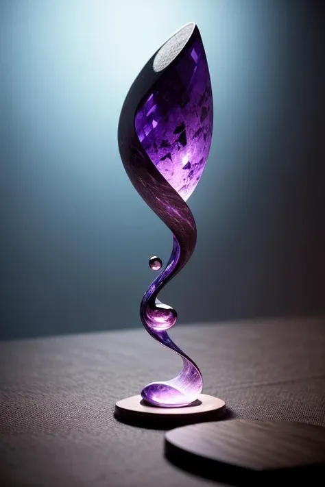an concept art of alchemic element - Charoite: A purple gemstone with distinctive swirling patterns, often with white, black, or silver hues. As the magical light cascades over the scene, it accentuates the scene's enchantment, instilling a sense of awe and delight. Every detail sparkles with a touch of the extraordinary, while the background fades into an alluring blur, focusing our gaze solely on the captivating subject., on table, rim lights, digital art, focus on subject, duch angle, clsoe shot, closeup, focus on material and structure, masterpiece, ultrasharp, intricated details