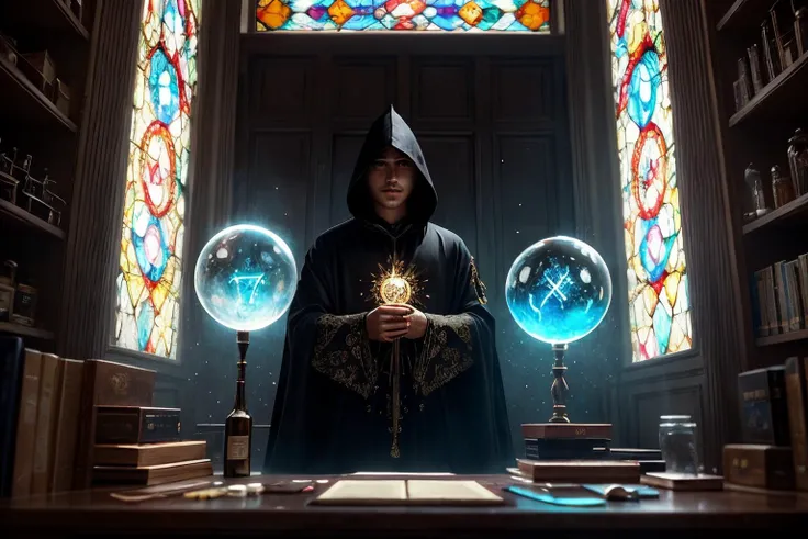 A cinematic photograph of a 1 man old wizard in glowing black robe with hood and 1 girl young alchemist wearing white slim dress with a slit to the hip and bare shoulders and gold diadem with big green gemstone what shining, in magic lab, on the desk stay glass bottles with magic dust and fairys inside, , darkfull room with magic clorfull torchs, levitating shining and glowing metalic magic sphere with colorfull runes and symbols froze in the air oposite to window, moon in twilight behind the gothic window, art by alberto seveso, by guy denning, by johannes itten, by russ mills, by gustav klimt, Symmetrical, abstract art style, intricate complex watercolor painting, sharp eyes, Digital painting, color explosion, radiance, colorful, Concept art, volumetric lighting, metallic reflections, 8k, by artgerm, Trending on Artstation, 16k resolution, 300 dpi, 600 dpi, 4k, Contest winner, High definition, realistic, intricated face, realistic shadows,