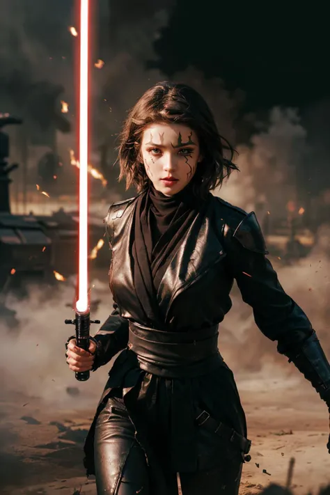 (masterpiece, best quality, unity 8k wallpaper, highres, absurdres, background), depth of field, perfect lighting, cinematic shadows, BREAK
(super_perfect_good anatomy head face fingers arms hands limbs legs, slender, constricted waist), solo, BREAK
(super_beautiful_detailed 1girl gigantic_long_sagging_breastss brown_short_hair face green_eyes nose mouth skin sthoutfit clothes decoration holding_lightsaber face_paint, <lora:sthoutfitV2:0.7>, battlefield, damage, scratches, dust, beam, barrage, pose scenery background wonderful_match_fantasy:1.2)