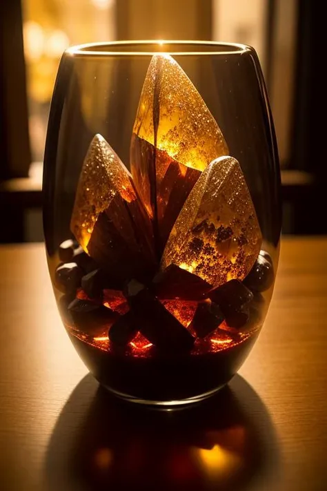 an concept art of alchemic element - Amber: A fossilized tree resin gemstone, available in various colors, often ranging from golden yellow to reddish-brown. This scene, with its magical lighting and exquisite focus on intricate details, will leave viewers spellbound, transporting them to a world of enchantment and beauty, regardless of the object it embraces., on table, rim lights, digital art, focus on subject, duch angle, clsoe shot, closeup, focus on material and structure, masterpiece, ultrasharp, intricated details