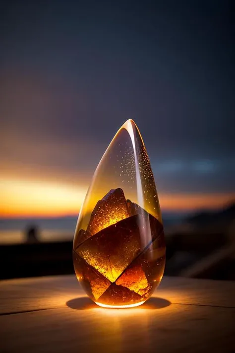 an concept art of alchemic element - Sunstone: A gem with golden, orange, or reddish-brown hues, reflecting the warmth of the sun. As the magical light cascades over the scene, it accentuates the scene's enchantment, instilling a sense of awe and delight. Every detail sparkles with a touch of the extraordinary, while the background fades into an alluring blur, focusing our gaze solely on the captivating subject., on table, rim lights, digital art, focus on subject, duch angle, clsoe shot, closeup, focus on material and structure, masterpiece, ultrasharp, intricated details
