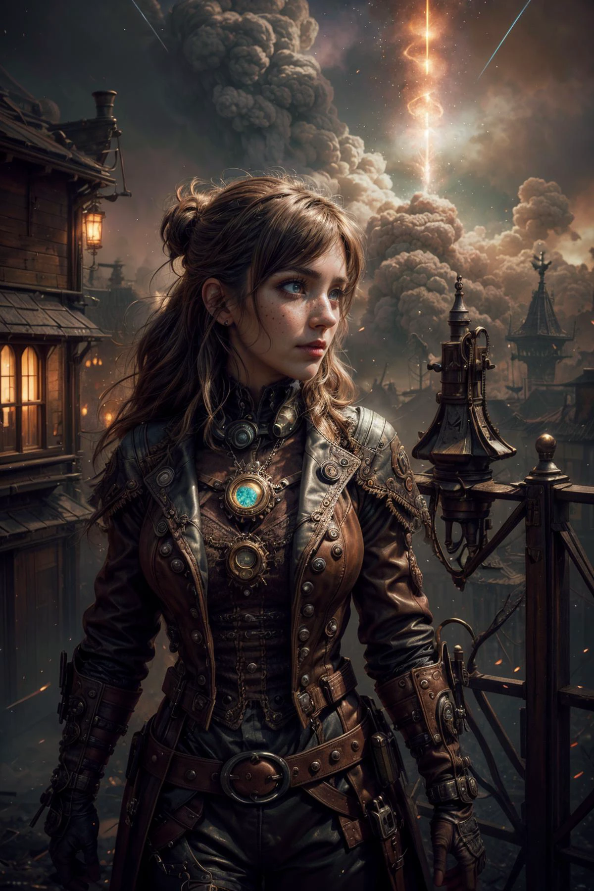 realistic style, 8k, exposure blend, medium shot, bokeh, (hdr:1.4), high contrast, (cinematic), (muted colors, dim colors, soothing tones:1.3), (hyperdetailed:1.2), symetrical, octane render, 35mm, (intricate details:1.15), <lora:add_detail:0.8>, <lora:FujiVelvia50:0.4>,
1 girl, adult woman, freckles, grey-blue eyes, brown shaggy hair,
(style-swirlmagic:0.8), solo, half shot, looking down, detailed background, detailed face, (<lora:SteamPunkBundleV3:0.4>, steampunkai, steampunk theme:1.1), glowing eyes, messenger of doom, wearing detailed clothes, eldritch rifts, meteorites raining from the sky, temporal rifts, flames burning, ashes, , bleeding moon in background, maddening chants, apocalyptic atmosphere, ethereal lights,