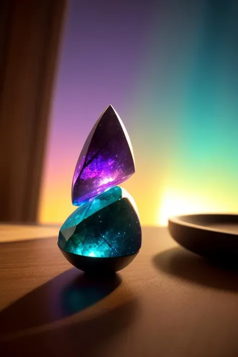 an concept art of alchemic element - Iolite: A gemstone with deep blue to violet hues, exhibiting pleochroism, appearing different colors from different angles. As the magical light cascades over the scene, it accentuates the scene's enchantment, instilling a sense of awe and delight. Every detail sparkles with a touch of the extraordinary, while the background fades into an alluring blur, focusing our gaze solely on the captivating subject., on table, rim lights, digital art, focus on subject, duch angle, clsoe shot, closeup, focus on material and structure, masterpiece, ultrasharp, intricated details