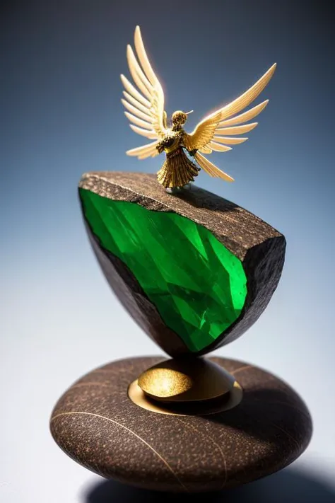 an concept art of alchemic element - Seraphinite: A green gemstone with feathery patterns, resembling the wings of an angel. This scene, with its magical lighting and exquisite focus on intricate details, will leave viewers spellbound, transporting them to a world of enchantment and beauty, regardless of the object it embraces., on table, rim lights, digital art, focus on subject, duch angle, clsoe shot, closeup, focus on material and structure, masterpiece, ultrasharp, intricated details