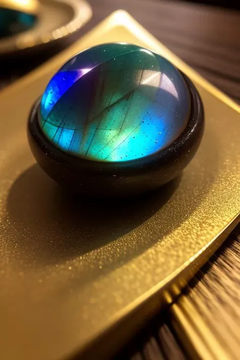 an concept art of alchemic element - Labradorite: A dark-colored gemstone with a striking play of iridescent colors, often blue, green, and gold. This scene, with its magical lighting and exquisite focus on intricate details, will leave viewers spellbound, transporting them to a world of enchantment and beauty, regardless of the object it embraces., on table, rim lights, digital art, focus on subject, duch angle, clsoe shot, closeup, focus on material and structure, masterpiece, ultrasharp, intricated details