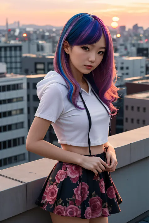 girl, best quality, masterpiece, 8k, (colorful hair:1.2), long hair, dinamic angle, dinamic pose, detailed background, skirt, crop hood, tokyo neon, sunset, rooftop,